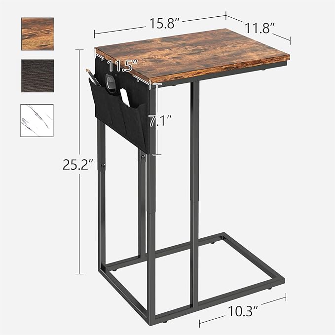 C Shaped End Table for Couch, Small Side Table for Sofa With Storage Bag, TV Tray for Living Room, Bedside Table for Bedroom, Snack End Table, Brown