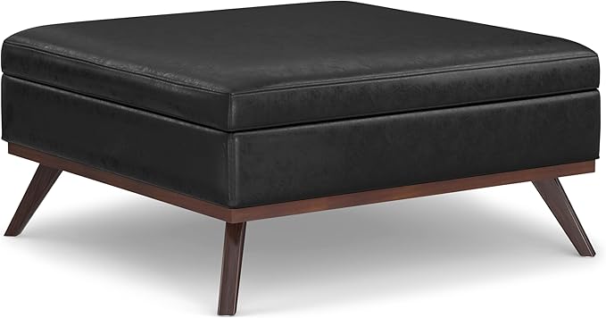 SIMPLIHOME Owen 40 inch Wide Mid Century Modern Square XL Coffee Table Storage Ottoman in Distressed Black Vegan Faux Leather, Assembled, for The Living Room, Entryway and Family Room