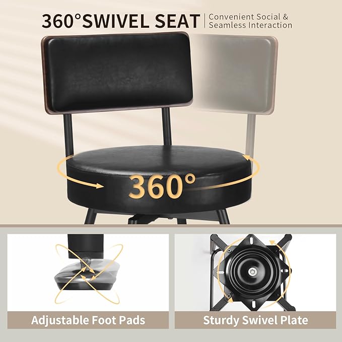 Bar Stools, 25 Inch Swivel Counter Height Bar Stools Set of 2, Black Faux Leather Swivel Bar Stool with Wood Back & Metal Legs for Kitchen Island Pub, Black
