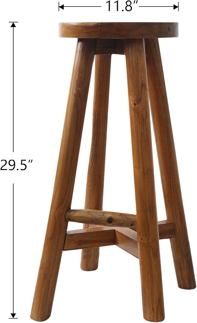 Bar Stool with Round Seat for Kitchen Island Counter, Solid Teak Wood Barstool in Espresso Finish, Home Bar Furniture, 29-Inch Height