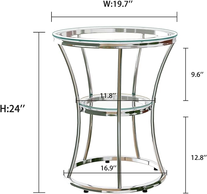 O&K FURNITURE Round End Table with Tempered Glass, Small Silver Side Table for Small Spaces, Nightstand with Shelf for Living Room, Bedroom, Office,Chrome Finish, 1 PC