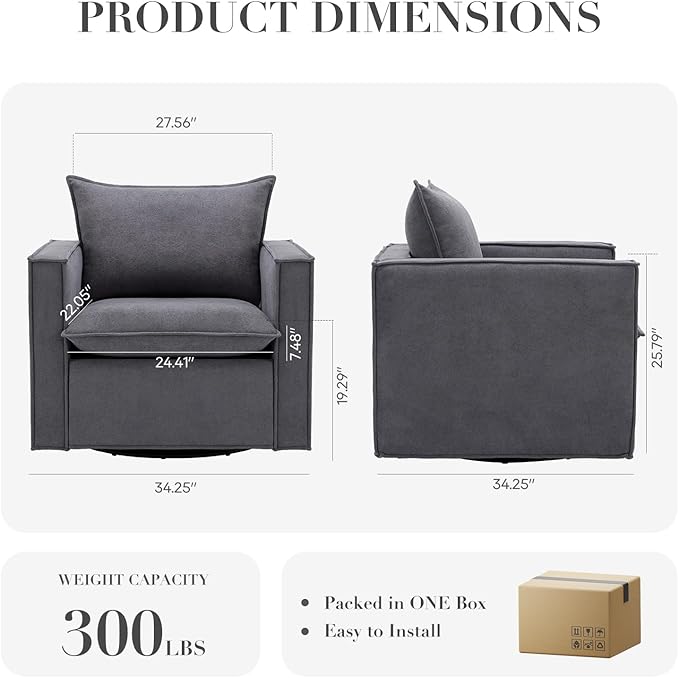 COLAMY Swivel Accent Chair, 34 Inches Wide Upholstered Arm Chair with Plump Back Pillow, Modern Sofa Living Room Chair for Bedroom, Corner, Reading Nook-Grey