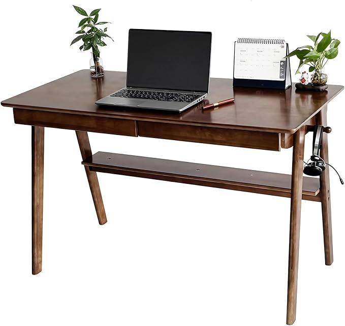 Oak Desk with Drawers, Solid Wood Desk with Bookshelf Small Computer Desk for Small Spaces Mid-Century Modern Wood Writing Desk with 2 Drawers for Home Office 47"