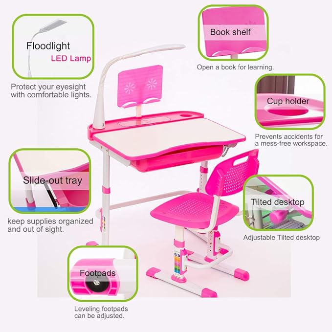Kids Desk and Chair Set, Height Adjustable Children School Study Desk with Tilt Desktop, Bookstand, LED Lamp, Metal Hook and Storage Drawer for Boys Girls, Pink