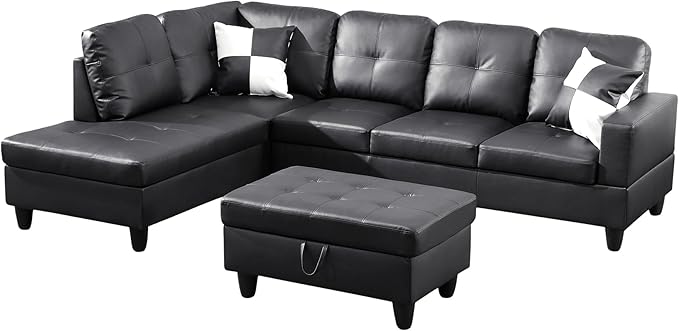Osparple L Shaped Couch Faux Leather Sectional Couches for Living Room Upholstered 3 Pieces Modular Sectional Sofa with Chaise, Ottoman with Storage for Living Room and Small Apartment, Black