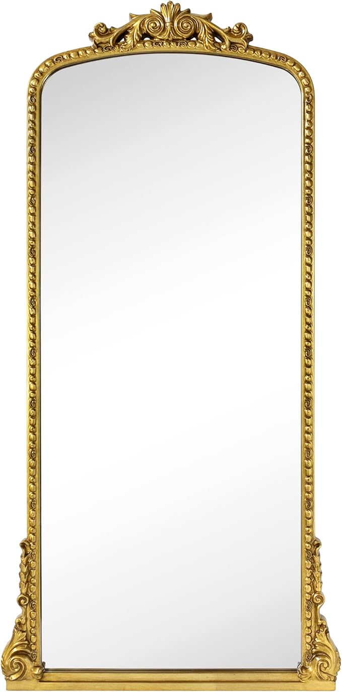 Traditional Ornate Floor Mirror Gold Arched Framed Full Length Wall Mirror Baroque Inspired Full Body Mirror, Antiqued Gold 30 x 60''