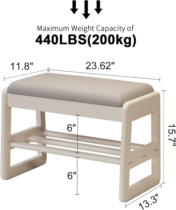 Small Shoe Bench with Cushion,2 Tiers Shoe Rack Bench with Flip-Top Storage,Wood Shoe Rack for Entryway（White,23.62"）