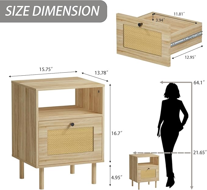 Rattan Nightstand with Storage Boho Modern Farmhouse Bedside Table with Drawer & Open Shelf Light Wood End Table for Bedroom, Living Room, Office, Dorm - Natural Walnut 0ak Color