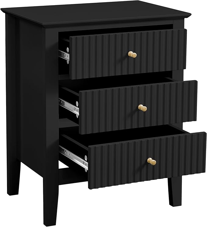 OCANDO Fluted Black Nightstand 19", 3 Drawers Night Stand, Bed Side End Table for Small Living Room, Modern Bedroom Storage Cabinet