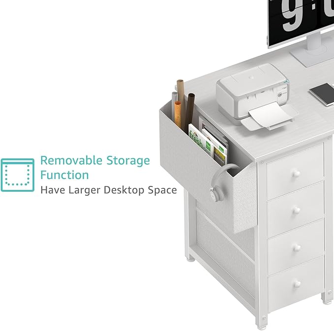 Lufeiya White L Shaped Computer Desk with Drawers & Storage Shelves, 63 Inch Reversible Corner Desk with Power Outlet for Home Office Bedroom, L-Shaped Teen PC Desks with Fabric Drawer, White