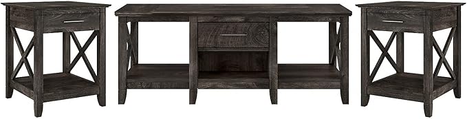 Bush Furniture Key West Coffee Table with Set of 2 End Tables in Dark Gray Hickory