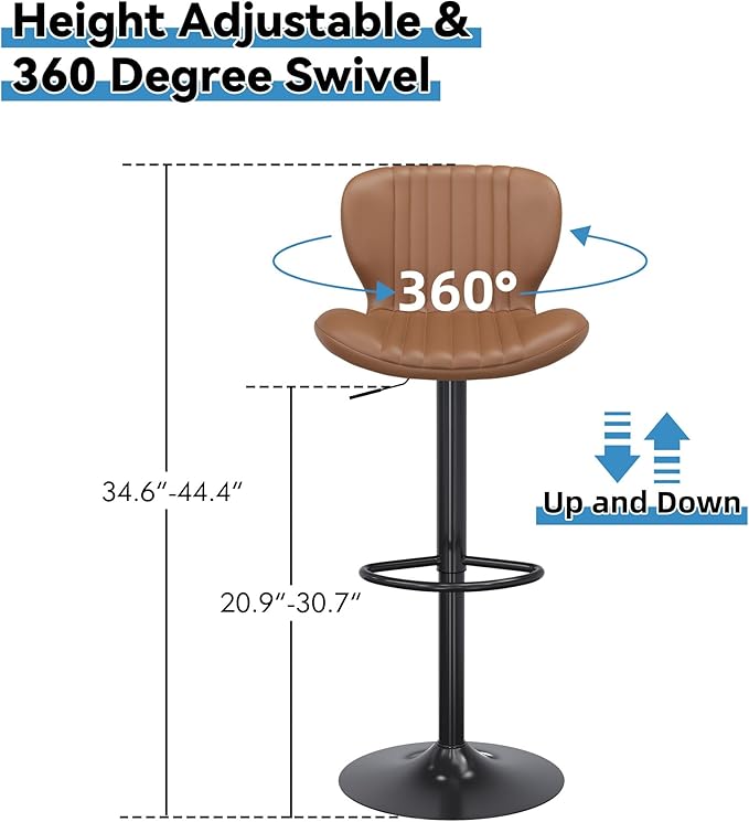 Shintenchi Bar Stools Set of 6 Modern Swivel Bar Chairs, Counter Height Faux Leather Metal Barstools, Upholstered Island Chairs with Back and Footrest, Coffee
