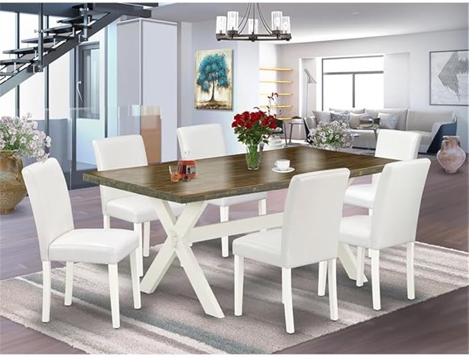 East West Furniture X077AB264-7 7 Piece Dining Room Table Set Consist of a Rectangle Dining Table with X-Legs and 6 White Faux Leather Upholstered Parson Chairs, 40x72 Inch, Multi-Color