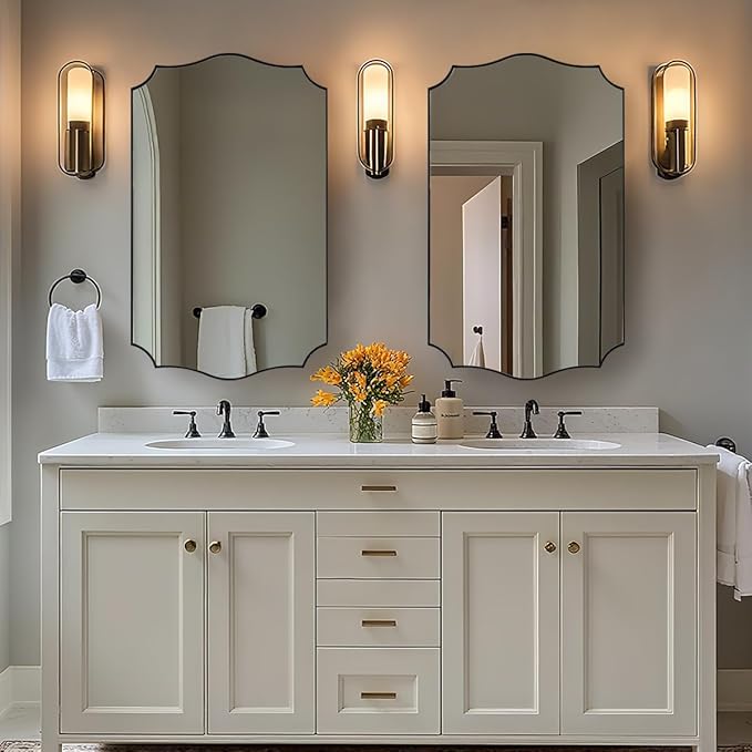 24x40 Black Mirror, Asymmetrical Vanity Mirror, Irregular Wall Mirror for Bathroom, Modern Mirror Wall Mounted Metal Framed for Bathroom, Bedroom, Living Room, Mantel