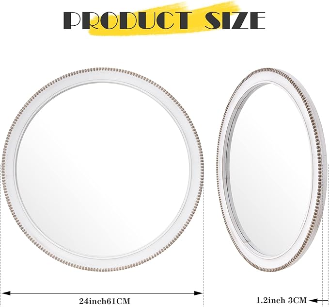 sawsile Wood Circle Mirror,Rustic Farmhouse Wall Mirror 24 inch Round Morden Decoration Wood Large Mirror White Accent Mirror for Bedroom,Living Room