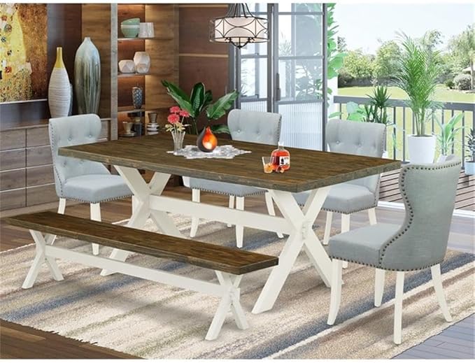 East West Furniture X077SI215-6 6 Piece Dining Table Set Contains a Rectangle Dining Room Table with X-Legs and 4 Baby Blue Linen Fabric Parson Chairs with a Bench, 40x72 Inch, Multi-Color