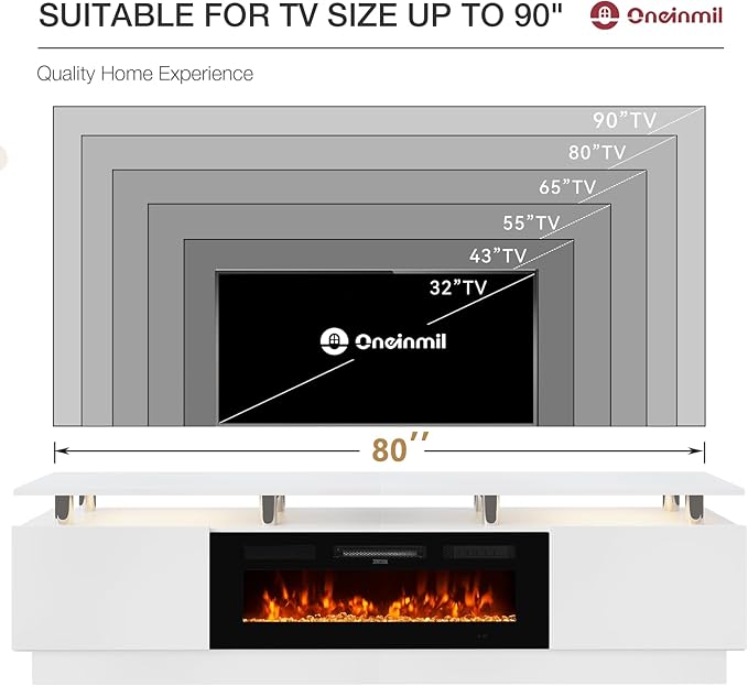 80" TV Stand & Media Console, Entertainment Center with Storage Shelves, Fits TVs up to 90", Modern Living Room Cabinet, 36" Electric Fireplace (White+Black)