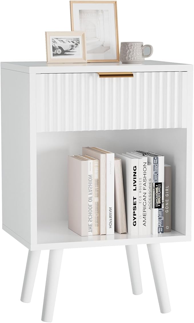 YMYNY Mid Century Modern Nightstand, Side Table, Fluted Night Stand with Drawer, Open Shelf Unit, Golden Handle, Solid Wood Legs, Bedside Table, for Bedroom, White UHST013W