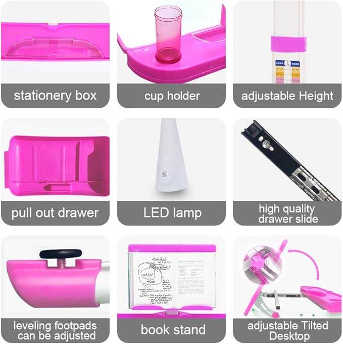 Kids Desk and Chair Set, Height Adjustable Children School Study Desk with Tilt Desktop, Bookstand, LED Lamp, Metal Hook and Storage Drawer for Boys Girls, Pink