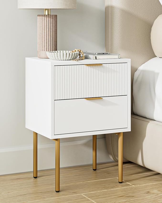 Nightstand,Small Bedside Table with Gold Frame,Morden Night Stand with 2 Drawer,End Table,Side Table with Drawer and Shelf for Bedroom,Living Room (White-2Drawer)