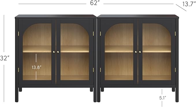 Nathan James Mason Storage Cabinet Accent Sideboard Buffet Credenza TV Stand with Glass Doors and Adjustable Shelf in Black Wood for Dining Room, Entryway and Living Room, Clear Glass/Black, Set of 2