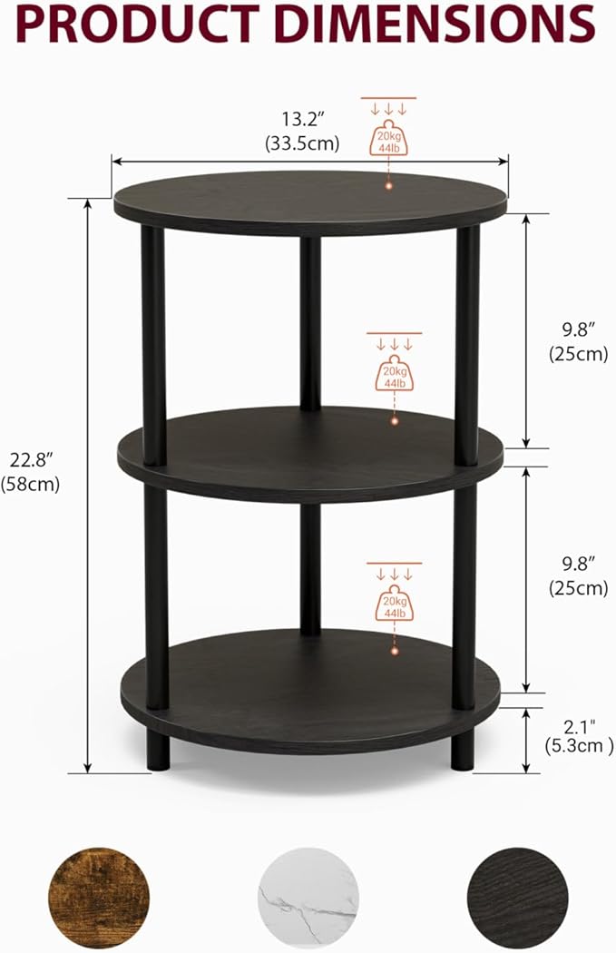 Small Round End Table - 3 Tier Design Accent Table, Narrow Side or Bedside Stand, Industrial Vintage Nightstand for Bedroom, Living Room, or Small Spaces, Set of 2, Charcoal Wenge