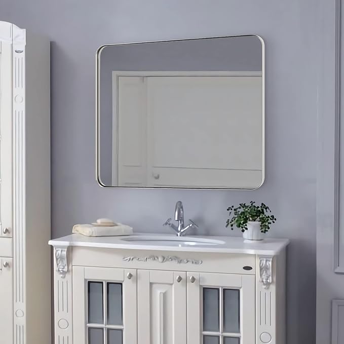 ANDY STAR Chrome Mirror for Bathroom, 30x36 Metal Frame Wall Mirror with Rounded Corner, Modern Rectangle Bathroom Vanity Mirror with Polish Finish…
