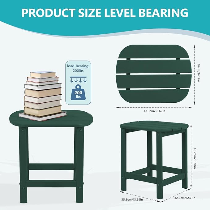 Hdpe Outdoor Adirondack Side Table, Wooden Textured, Set for Patio, Garden, Porch, Pool Composite Patio, Backyard, Bathroom and Indoor, Maintenance & Weather Resistant （Green）