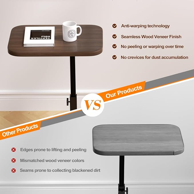 Adjustable Side Table TV Tray, C Shaped End Table, Small Bedside Table, Mid Century Modern Accent Nightstand for Living Room, Bedroom, Corners and Office (Walnut)