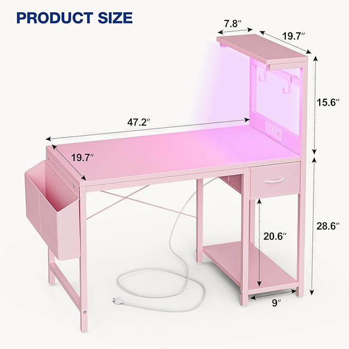 Gaming Desk 47 Inch with Power Outlet and LED Light, Computer Desk with Reversible Shelves and Storage Drawer, Pc Small Workstation for Home Office Table with Bag, Carbon Fiber Pink