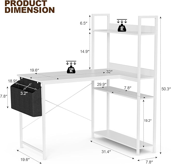 40 Inch L Shaped Computer Desk with Reversible Storage Shelves, Home Office Corner Desk Study Writing Table with Hutch, Study, White