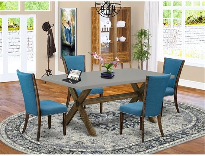 East West Furniture X797VE721-5 5 Piece Dining Table Set Includes a Rectangle Dining Room Table with X-Legs and 4 Blue Color Linen Fabric Parsons Chairs, 40x72 Inch, Multi-Color