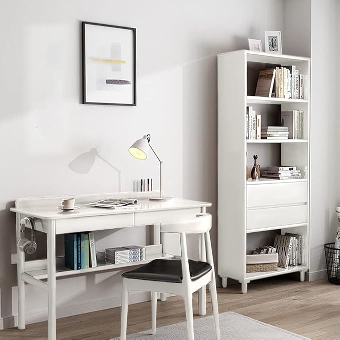 IOTXY White Mid-Century Bookcase with Legs - 67" Tall Open Shelves Cube Billy Bookshelf with Double Drawers for Home and Office