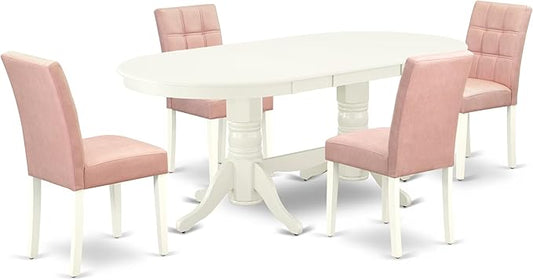 East West Furniture VAAS5-LWH-42 5 Piece Mid-Century Dining Table Set Includes A Wood Table and 4 Beige Red Polyester Fabric Padded Chairs with Stylish Back- Linen White Finish