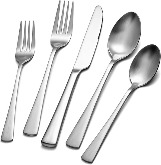 KINGSTONE Forged Silverware Set, 20 Piece Flatware Set for 4, 18/10 Stainless Steel Silverware Matte Satin Finish Dishwasher Safe