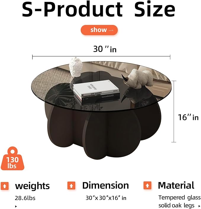 Mid Century Modern Round Glass Coffee Table for Living Room, Black Small Coffee Table for Center, Suitable for Bedroom Living Room Reception Office Tables (Black/Grey)