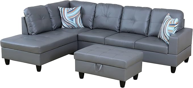 NicBex Sectional Couch 3 Pieces Sofa Set with Right Chaise Synthetic Leather L Shaped Cloud Couch for Living Room Furniture Sets with Storage Ottoman, Modular Sofa for Living Room & Apartment, Gray
