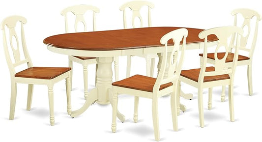 East West Furniture PLKE7-WHI-W 7 Piece Modern Dining Table Set Consist of an Oval Wooden Table with Butterfly Leaf and 6 Dining Chairs, 42x78 Inch, Buttermilk & Cherry