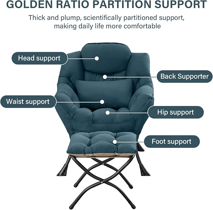 Lazy Chair with Ottoman, Modern Lounge Chair with Lumbar Pillow, Accent Cozy Reading Armchair and Folding Footstool for Bedroom, Dorm, Living Room,Peacock Blue