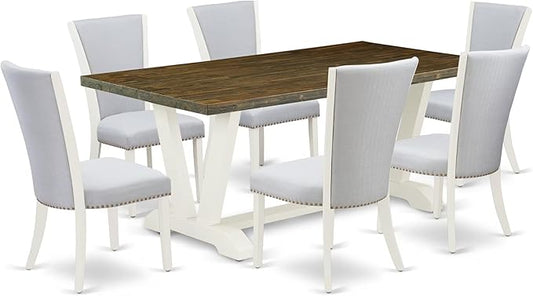 East West Furniture V077VE005-7 7 Piece Dining Room Furniture Set Consist of a Rectangle Dining Table with V-Legs and 6 Grey Linen Fabric Parsons Chairs, 40x72 Inch, Multi-Color