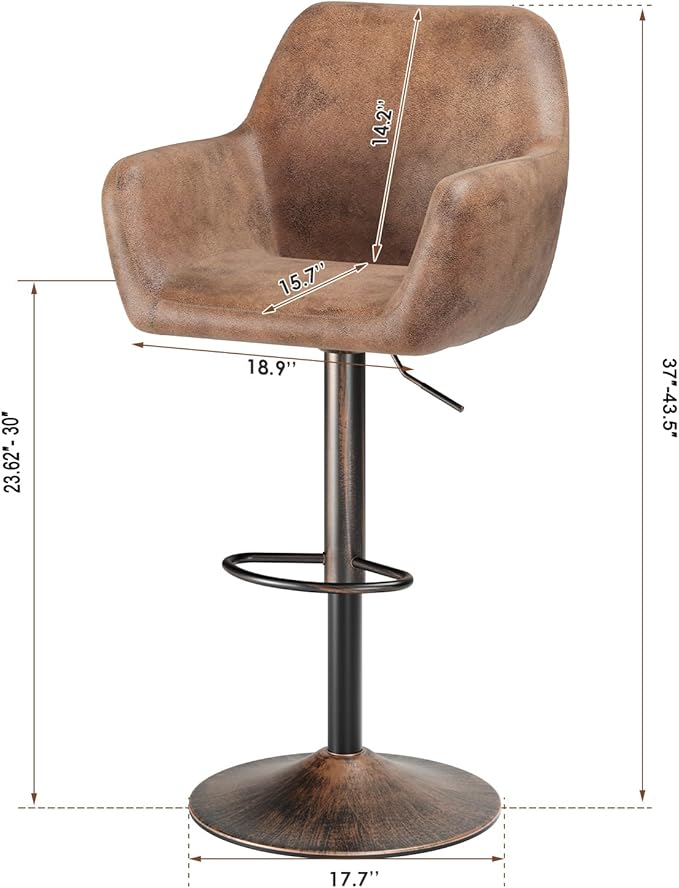 Keyluv Bar Stools Set of 2 for Kitchen Counter Adjustable Swivel Height Barstools 29 Inch Faux Leather Bar Chairs with Padded Back and Chromed Metal Base, Retro Brown