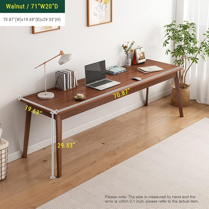 Mid-Century Long Desk Table - 71" Simple Modern Extra Long 2-Person Wood Computer Workstation for Home Office Work in Walnut, 71" W x 20" D