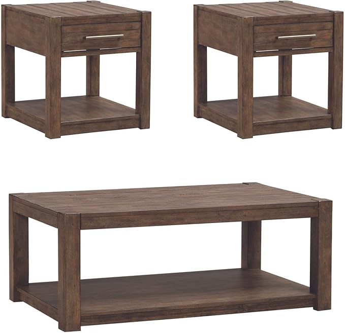 Liberty Furniture Broadmore Living Room 3 Piece Set - Rectangular Cocktail Table, 2 End Tables - Cobblestone Brown