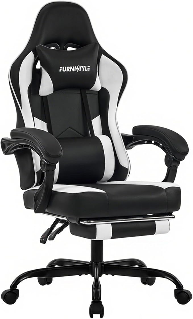 Gaming Chair for Adults and Teens, Ergonomic Leather Video Game Chairs with Footrest, Wide Seat, Reclining Back, Neck & Lumbar Support, Adjustable Swivel Computer Desk Chair, Black/White