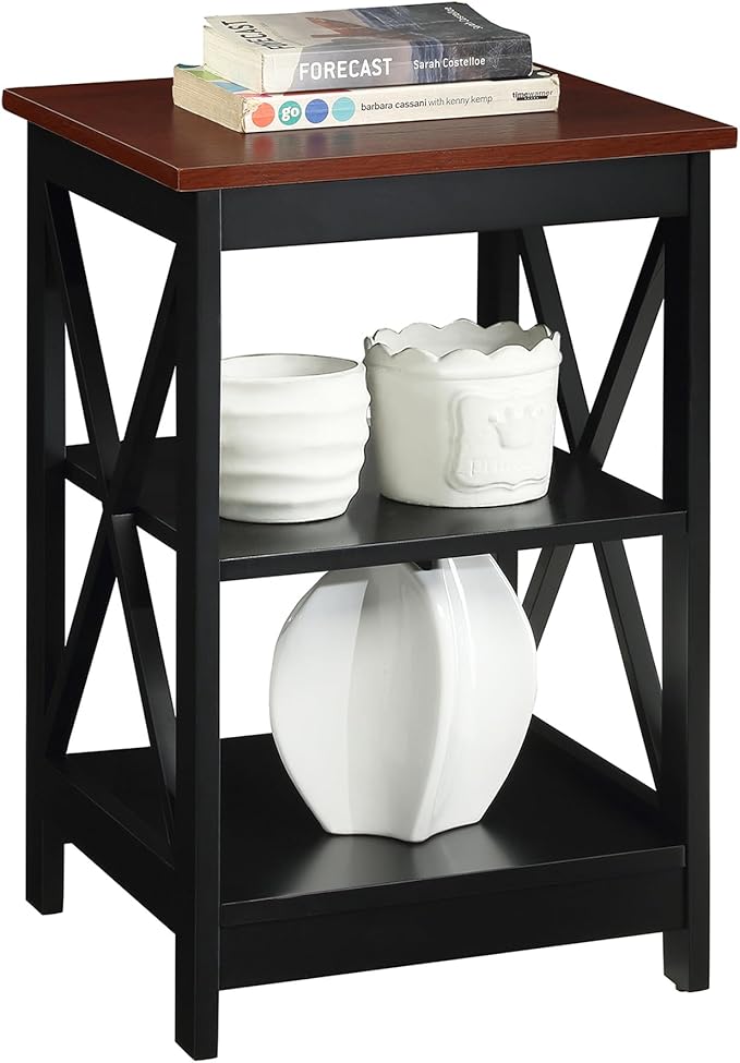 Convenience Concepts Oxford End Table 15.75" - Modern Living Room Table with Storage Shelves, Transitional Nightstand Side Table for Home Decor and Display, Cherry/Black