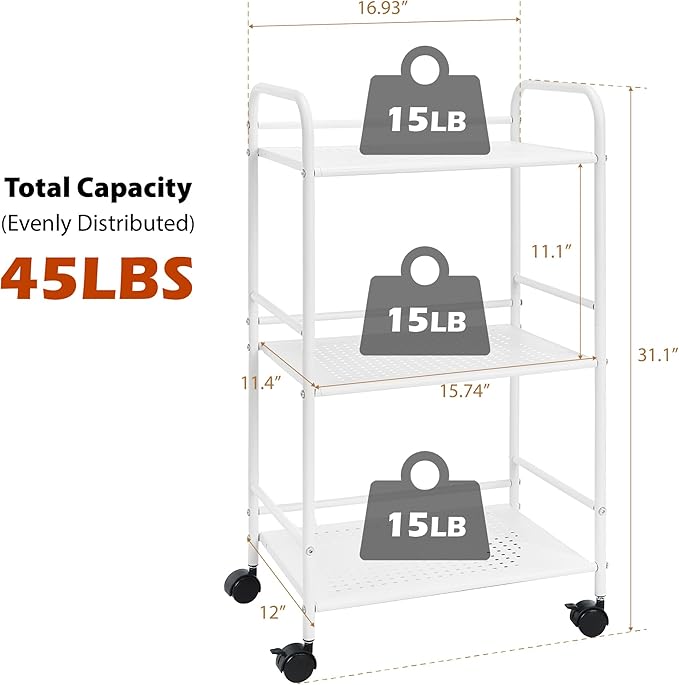 SunnyPoint 3-Tier Rolling Utility Cart – Metal Storage Organizer with Wheels, Mobile Kitchen Cart, Office & Home Organizer, White, 12" D x 16.92" W x 31.1" H