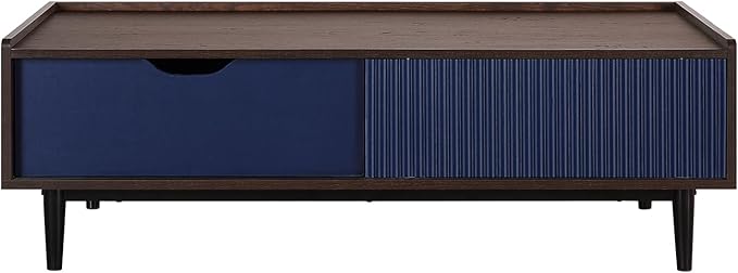 Manhattan Comfort Duane Mid Century Modern Coffee Table with Drawer & Cubby Shelf, Living Room Furniture with Ribbed Flat Design, Wood Grain Laminate Finish & Durable Iron Metal Feet, Navy Blue