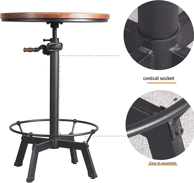 LOKKHAN 33.5-39.4 Inch Tall Industrial Bar Table-Adjustable Bar Height Bistro Whiskey Pub Table-23.7" Dia Swivel Round Wood Top Metal Base-Easily Adjusts by Crank Handle