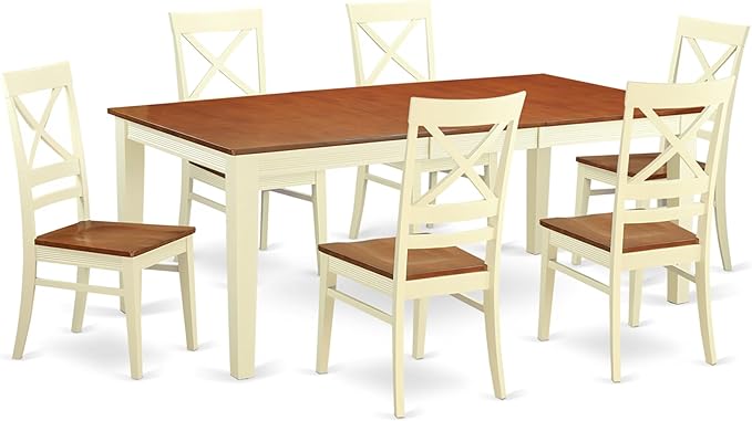 East West Furniture QUIN7-WHI-W 7 Piece Dining Set Consist of a Rectangle Dining Room Table with Butterfly Leaf and 6 Wood Seat Chairs, 40x78 Inch, Buttermilk & Cherry