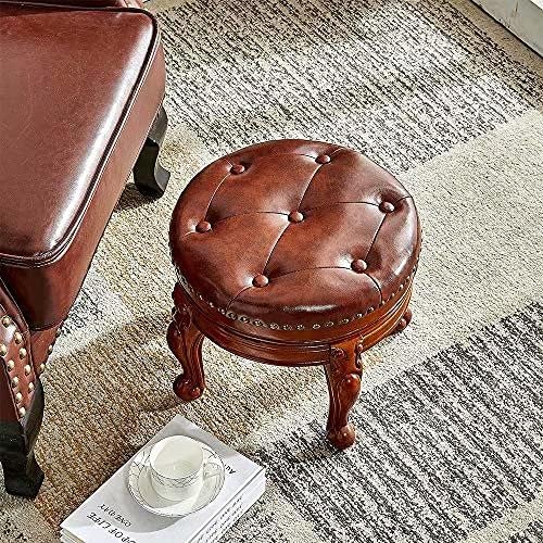 Solid Wood Foot Stool Round Ottoman Mid-Century Footrest Sofa Stool with Microfiber Leather Cushion for Living Room, Bedroom, Entryway (Brown)